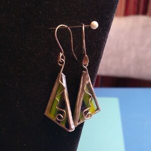 90 degree Right Angle Artisan Silver Tone MetalYellow/Blue Earrings Cottagecore